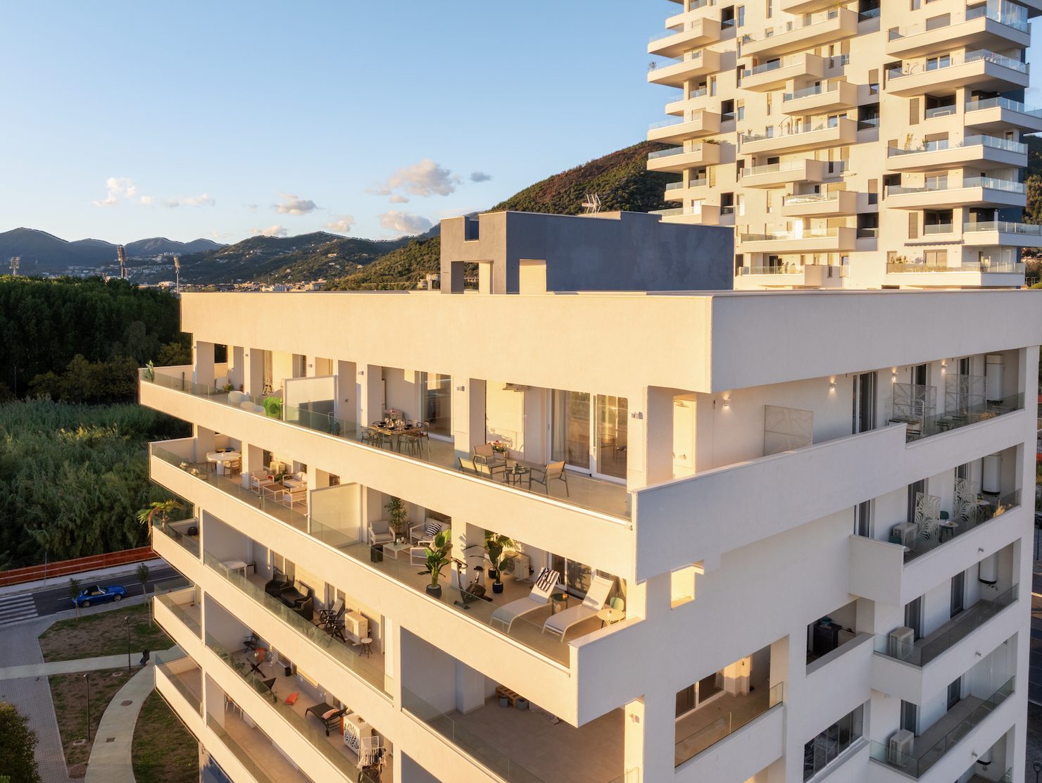 The newly built residence at Marina d'Arechi, its terraces facing the sea