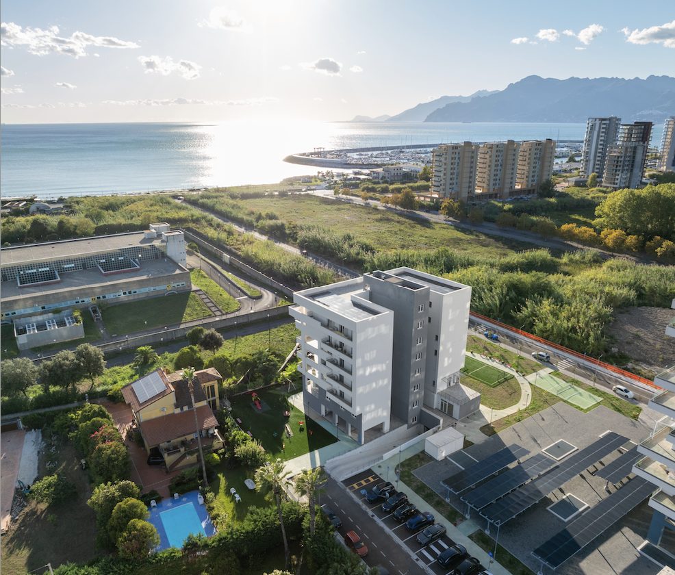Aerial view of the marina and coastline of Salerno with mountains behind